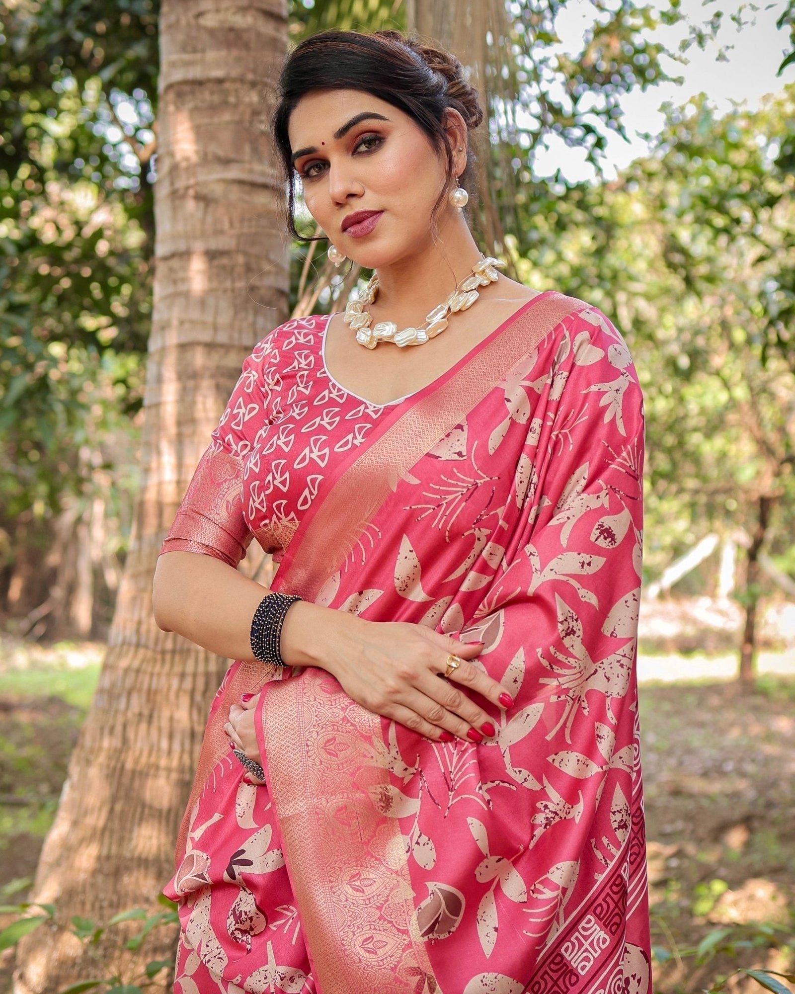 Vibrant Pink Tussar Silk Saree with Intricate Zari Border and Modern Floral Pallu DIGITAL PRINT