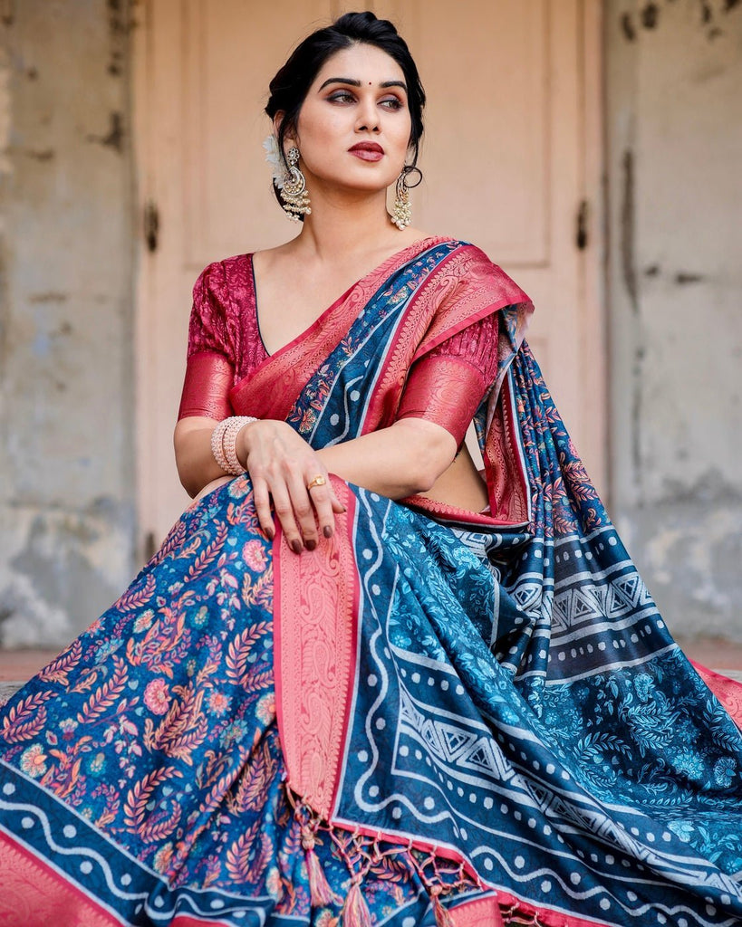 Teal Blue and Coral Tussar Silk Saree with Floral Weaves and Geometric Pallu DIGITAL PRINT