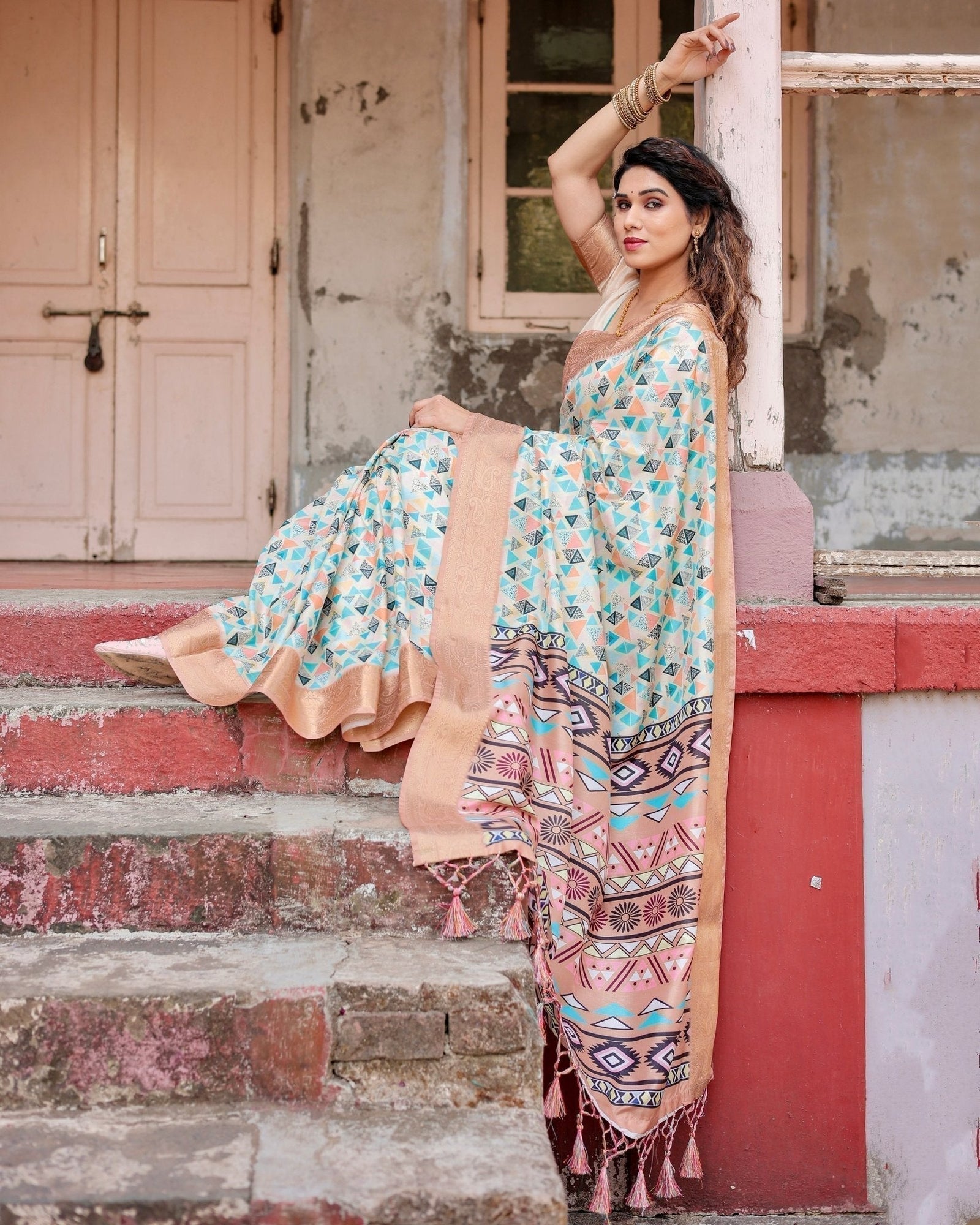 Contemporary Beige Tussar Silk Saree with Geometric Triangle Print and Golden Zari Border DIGITAL PRINT