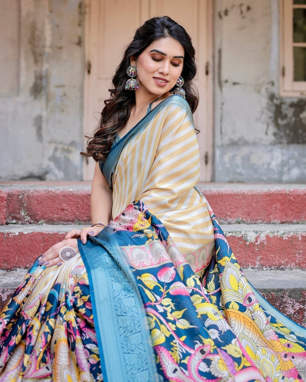 Beige & Teal Tussar Silk Saree with Intricate Kalamkari and Zari Border DIGITAL PRINT