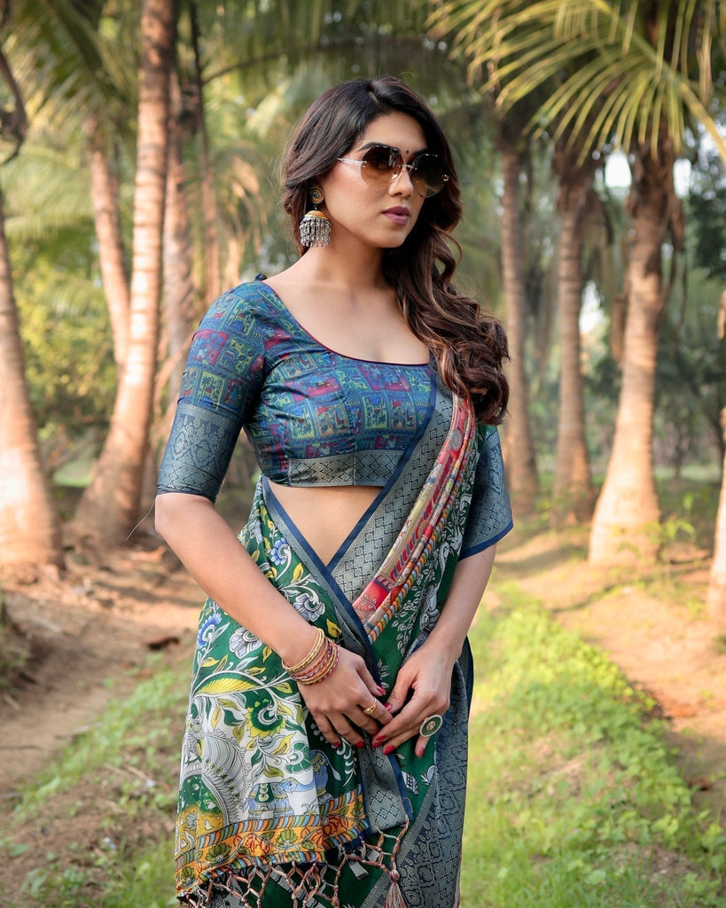 Multicolored Digital Print Tussar Silk Saree with Intricate Zari Border and Elephant Motif Pallu DIGITAL PRINT