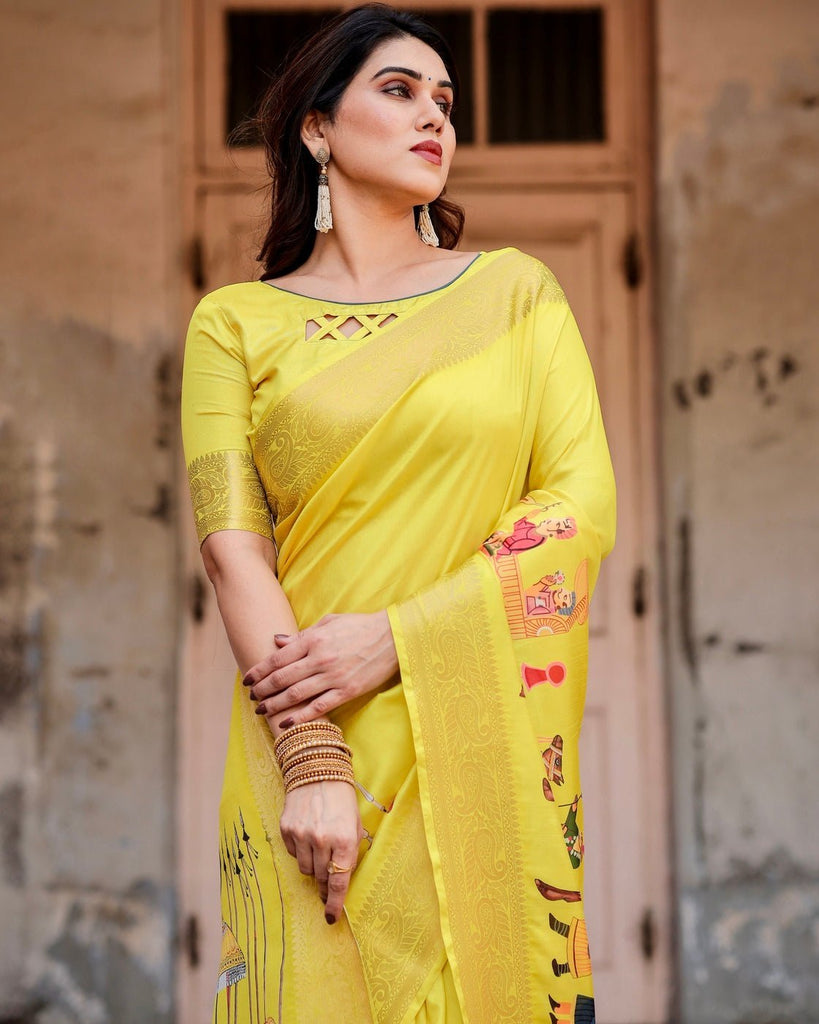 Vibrant Yellow Tussar Silk Saree with Royal Procession Pallu and Zari Accents DIGITAL PRINT