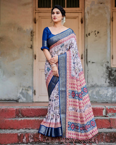 Ivory and Navy Blue Tussar Silk Saree with Floral Elegance and Ornamental Zari Work DIGITAL PRINT