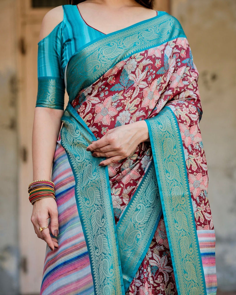 Maroon and Teal Tussar Silk Saree with Floral Zari Weave and Striped Pallu DIGITAL PRINT