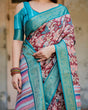 Load image into Gallery viewer, Maroon and Teal Tussar Silk Saree with Floral Zari Weave and Striped Pallu DIGITAL PRINT
