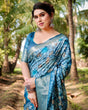 Load image into Gallery viewer, Mesmerizing Blue Tussar Silk Saree with Golden Zari Border and Mosaic-Inspired Pallu Design DIGITAL PRINT