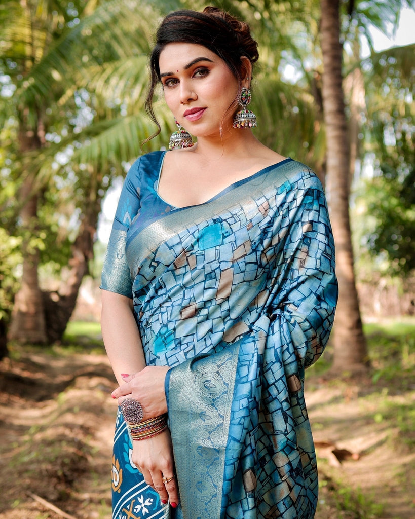Mesmerizing Blue Tussar Silk Saree with Golden Zari Border and Mosaic-Inspired Pallu Design DIGITAL PRINT