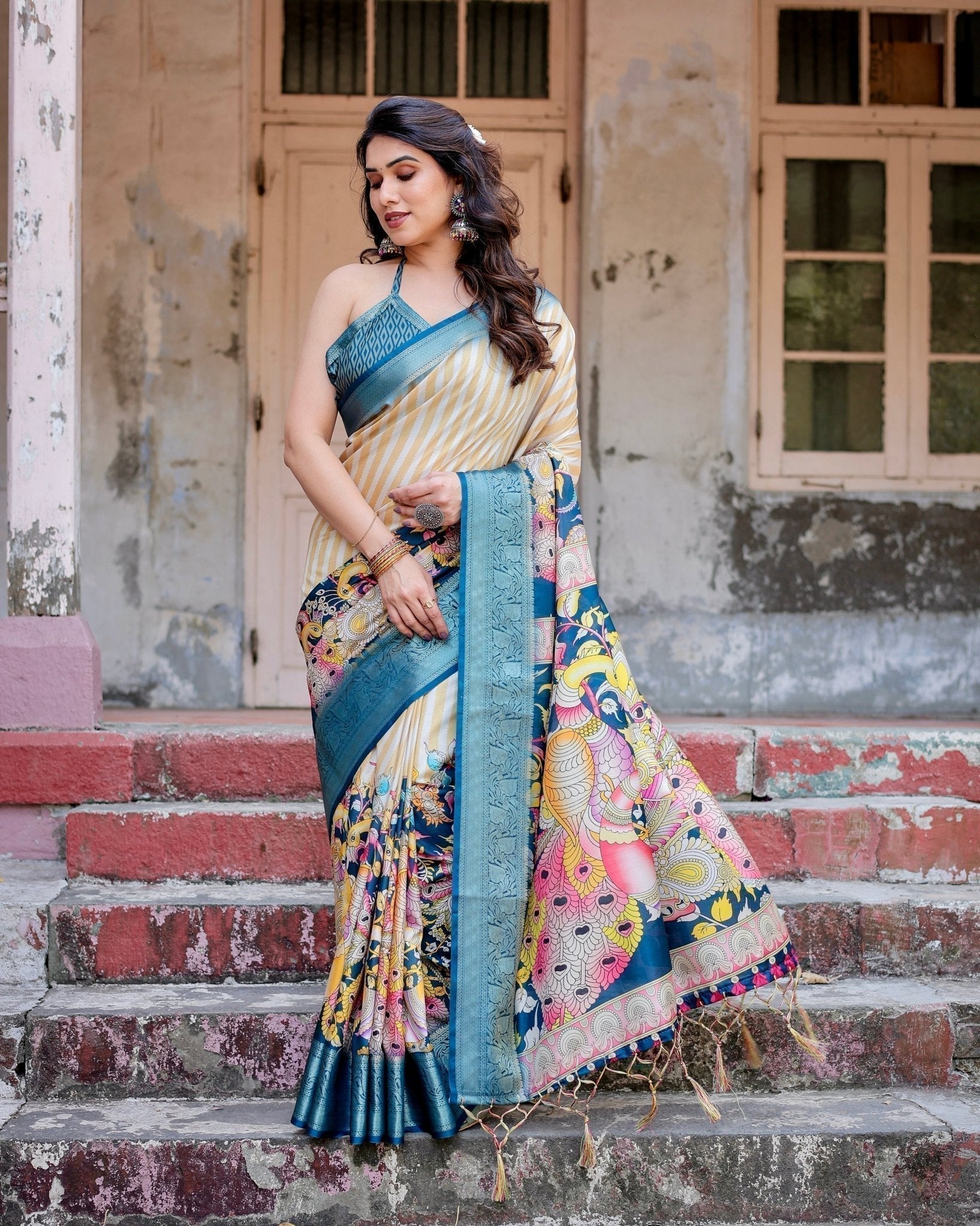 Beige & Teal Tussar Silk Saree with Intricate Kalamkari and Zari Border Secondary image