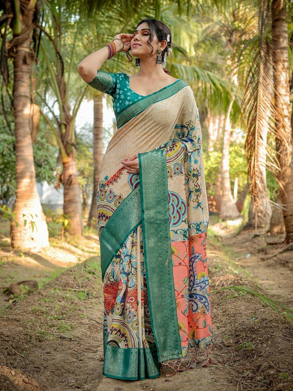 Elegant Tussar Silk Saree in Beige and Coral with Madhubani Pallu and Zari Accents DIGITAL PRINT