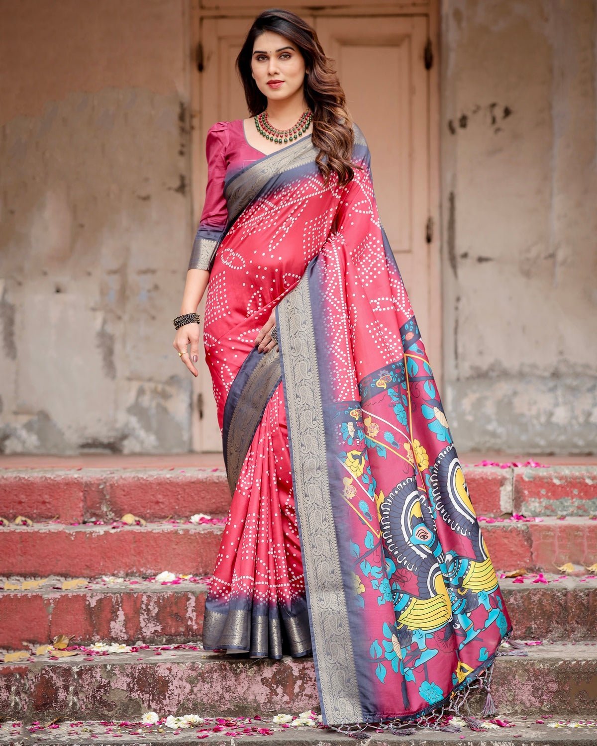 Crimson Red Tussar Silk Saree with Bandhani Patterns, Zari Border, and Vibrant Artistic Pallu DIGITAL PRINT