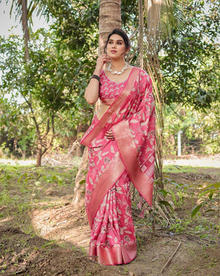 Vibrant Pink Tussar Silk Saree with Intricate Zari Border and Modern Floral Pallu DIGITAL PRINT