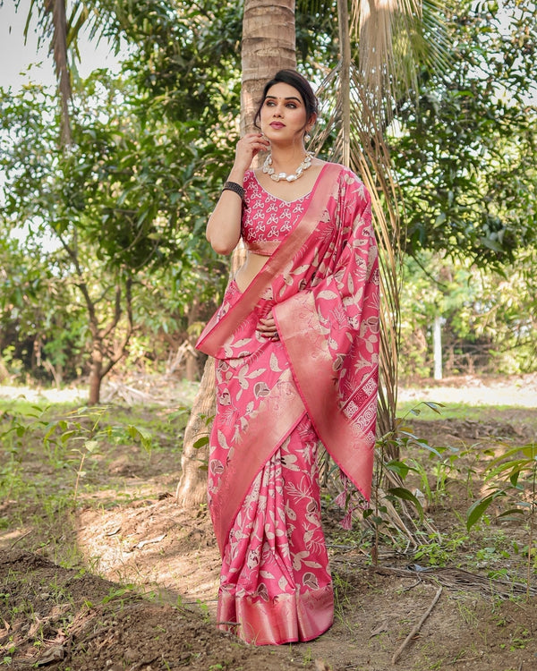 Vibrant Pink Tussar Silk Saree with Intricate Zari Border and Modern Floral Pallu DIGITAL PRINT