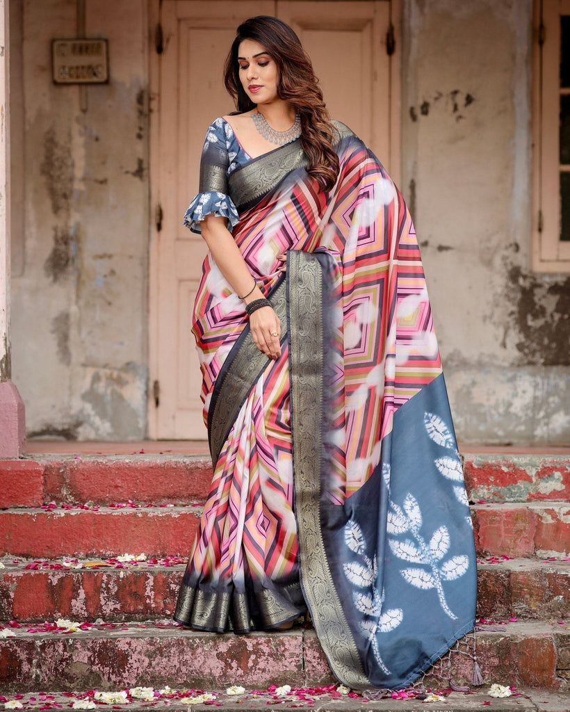Geometric Multicolor Tussar Silk Saree with Charcoal Gray Zari Border and Abstract Pallu DIGITAL PRINT