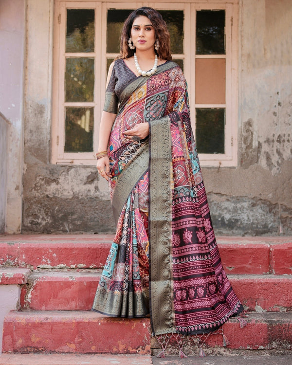 Multicolor Tussar Silk Saree with Ornamental Patchwork and Olive Zari Border DIGITAL PRINT