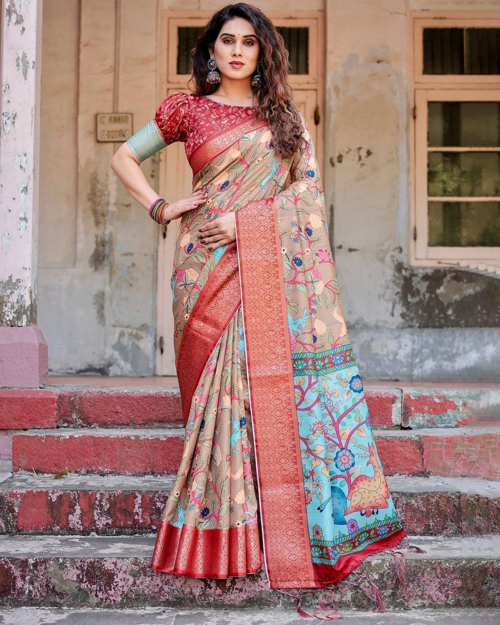 Beige Tussar Silk Saree with Vibrant Multicolor Floral Prints and Red Zari Border DIGITAL PRINT Main image