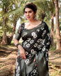 Load image into Gallery viewer, Elegant Black Tussar Silk Saree with Zari Embellished Border and Bold Floral Pallu DIGITAL PRINT