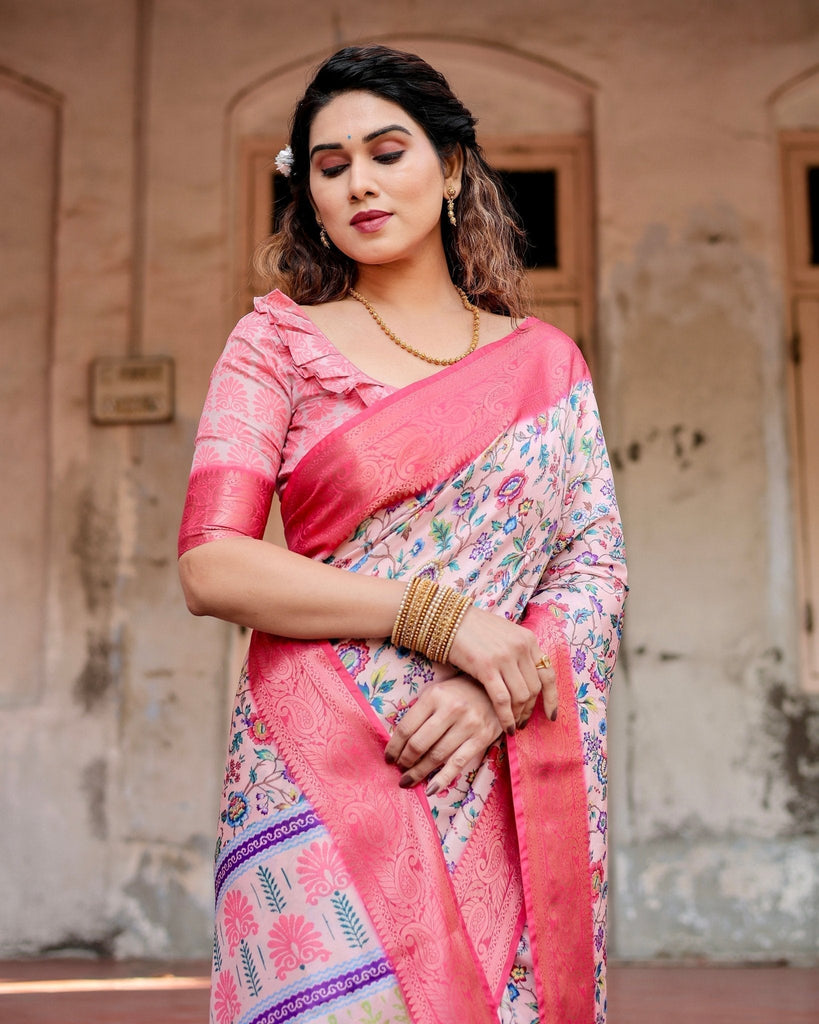 Blush Pink Tussar Silk Saree with Multicolor Floral Design and Zari Paisley Border DIGITAL PRINT