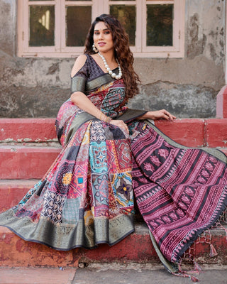 Multicolor Tussar Silk Saree with Ornamental Patchwork and Olive Zari Border DIGITAL PRINT