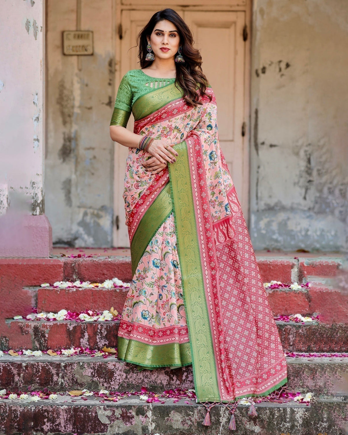 Blush Pink and Green Tussar Silk Saree with Floral Prints and Intricate Zari Work DIGITAL PRINT Main image