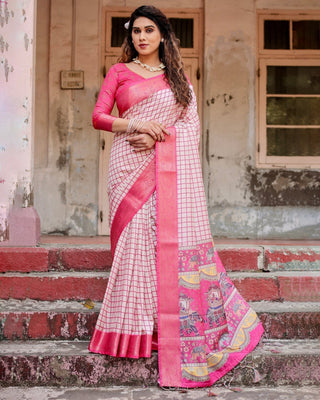 Pink and Ivory Tussar Silk Saree with Golden Zari Border and Majestic Elephant Motif Pallu DIGITAL PRINT