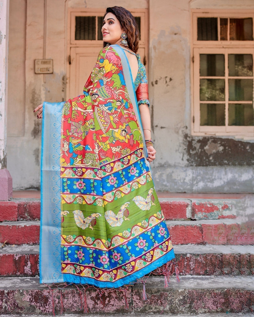 Multicolor Folk Art Inspired Digital Print Tussar Silk Saree with Sky Blue Zari Border DIGITAL PRINT