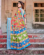 Load image into Gallery viewer, Multicolor Folk Art Inspired Digital Print Tussar Silk Saree with Sky Blue Zari Border DIGITAL PRINT