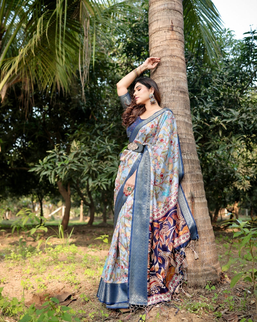 Sky Blue and Navy Digital Print Tussar Silk Saree with Zari Woven Border and Floral Motif Pallu DIGITAL PRINT