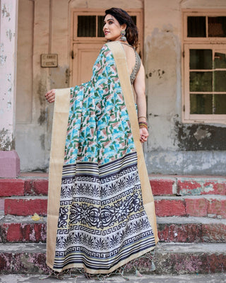 Contemporary Abstract Print Saree with Gold Border and Monochrome Patterned Pallu DIGITAL PRINT