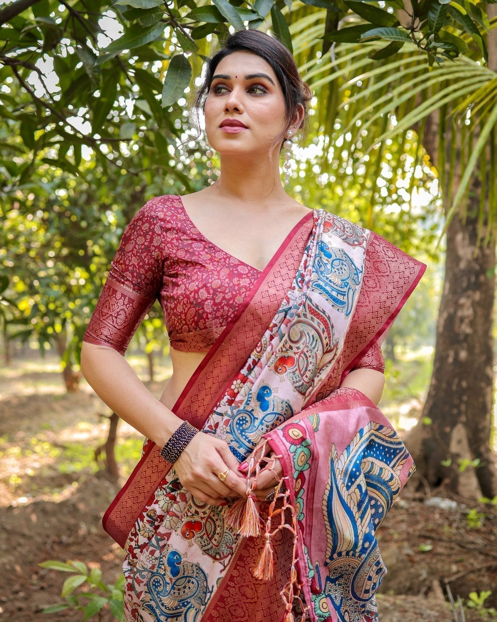 Blush Pink Digital Print Tussar Silk Saree with Zari Border and Peacock Motif Pallu DIGITAL PRINT