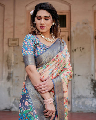 Peach and Navy Blue Floral Saree with Vibrant Peacock Pallu and Tassel Detailing DIGITAL PRINT