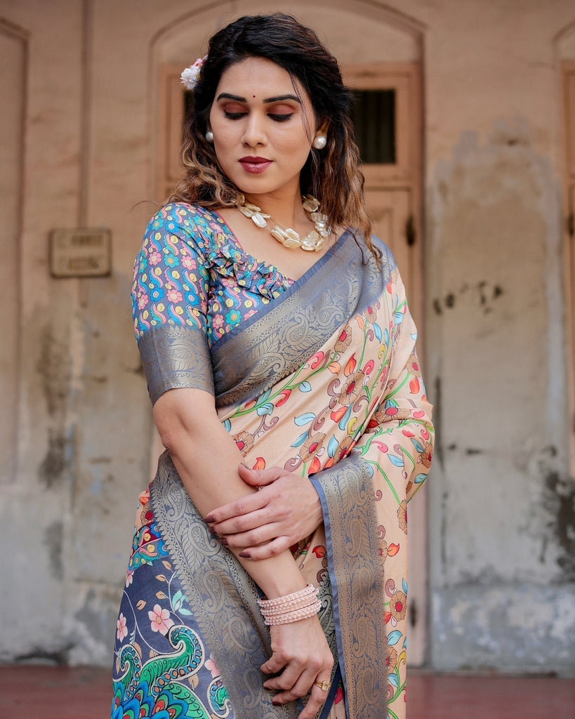 Peach and Navy Blue Floral Saree with Vibrant Peacock Pallu and Tassel Detailing DIGITAL PRINT