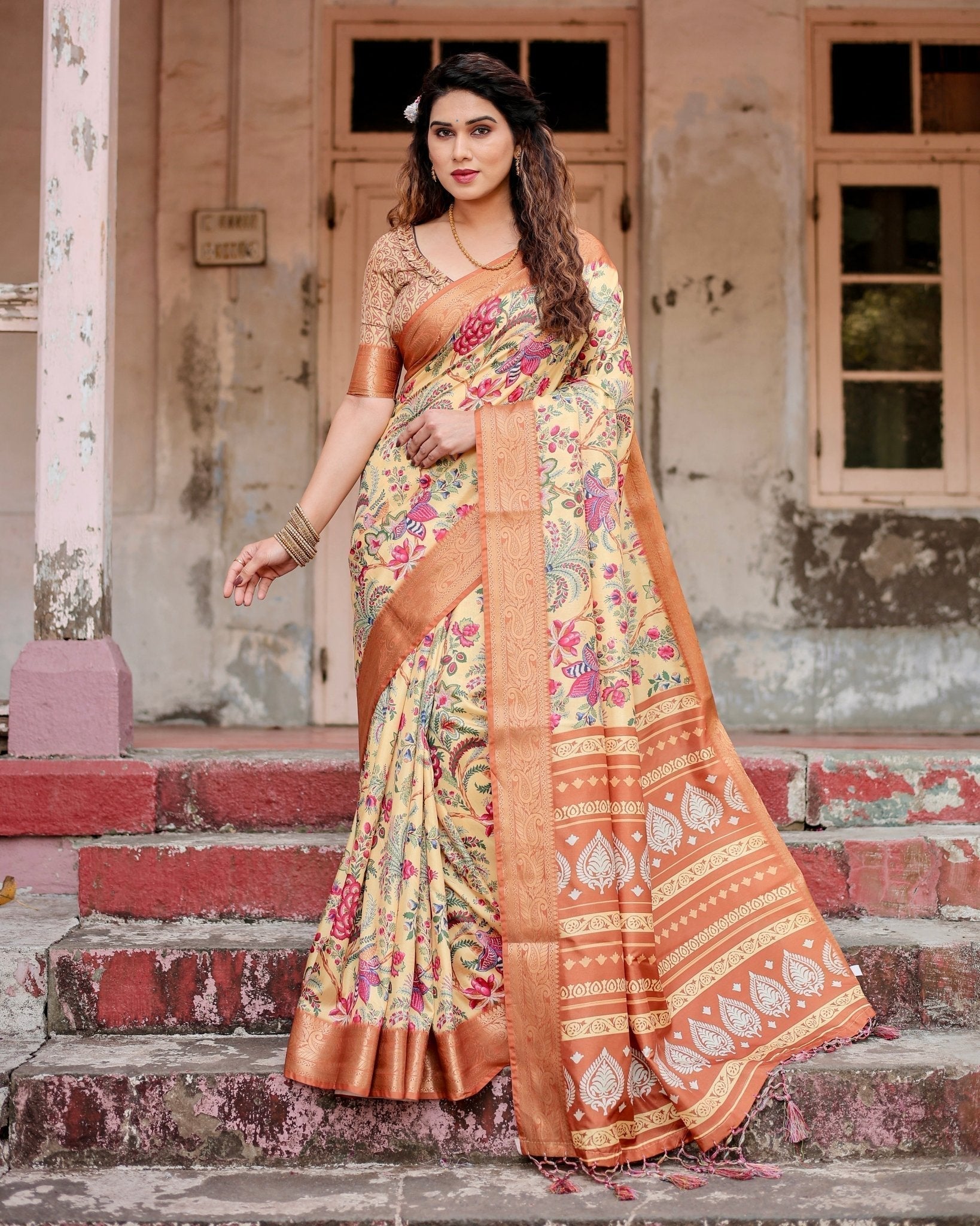 Golden Beige Tussar Silk Saree with Floral Paradise Print and Ornate Zari Border DIGITAL PRINT Main image