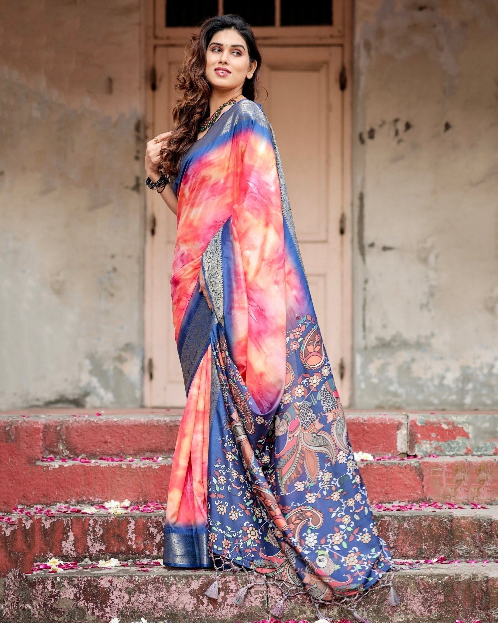 Pink and Blue Digital Printed Saree with Peacock Motif and Tassel Detail Secondary image