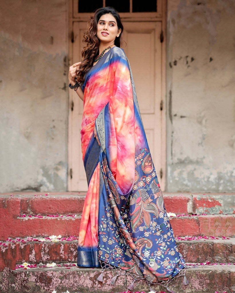 Pink and Blue Digital Printed Saree with Peacock Motif and Tassel Detail DIGITAL PRINT