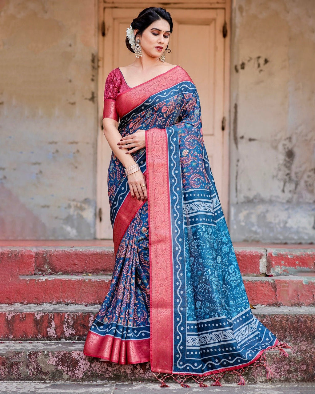 Teal Blue and Coral Tussar Silk Saree with Floral Weaves and Geometric Pallu DIGITAL PRINT