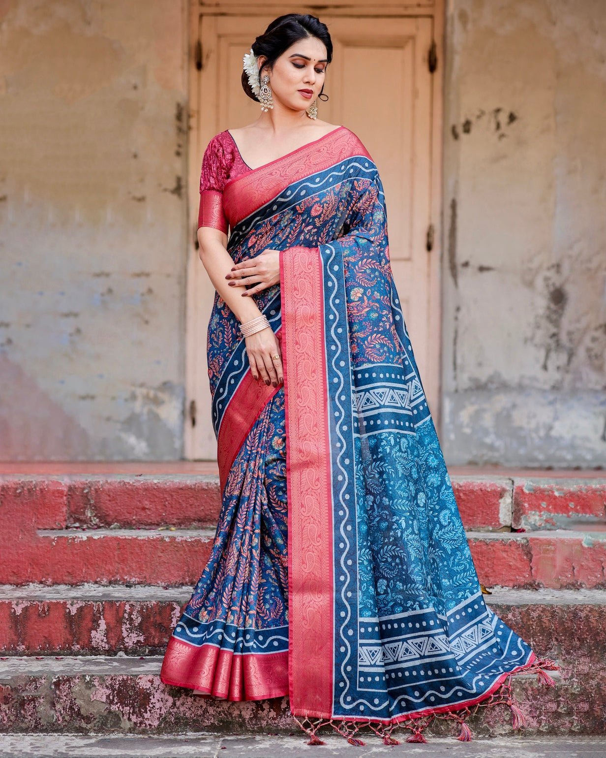 Teal Blue and Coral Tussar Silk Saree with Floral Weaves and Geometric Pallu DIGITAL PRINT