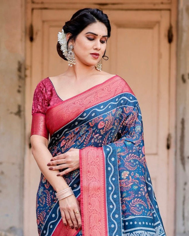 Teal Blue and Coral Tussar Silk Saree with Floral Weaves and Geometric Pallu DIGITAL PRINT