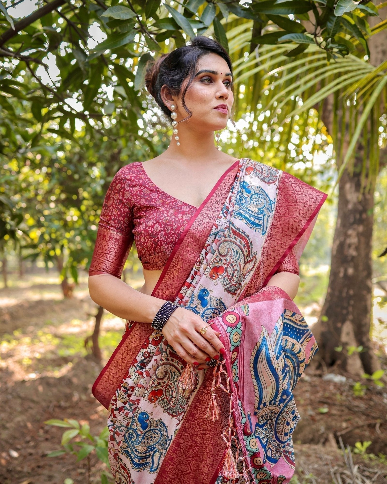 Blush Pink Digital Print Tussar Silk Saree with Zari Border and Peacock Motif Pallu DIGITAL PRINT