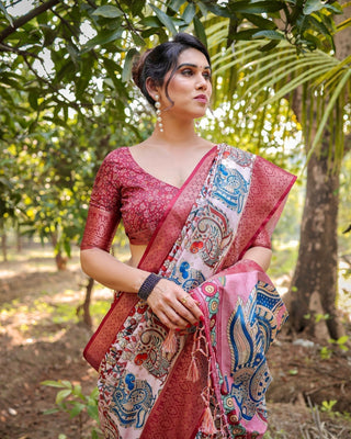 Blush Pink Digital Print Tussar Silk Saree with Zari Border and Peacock Motif Pallu DIGITAL PRINT