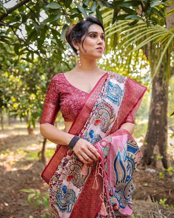 Blush Pink Digital Print Tussar Silk Saree with Zari Border and Peacock Motif Pallu DIGITAL PRINT