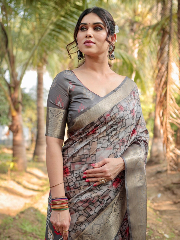 Stunning Grey Tussar Silk Saree with Golden Zari Border and Mosaic-Inspired Pallu Design DIGITAL PRINT