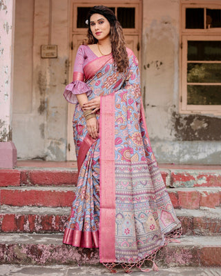Graceful Grey Tussar Silk Saree with Pink Zari Border and Intricate Floral Motifs DIGITAL PRINT