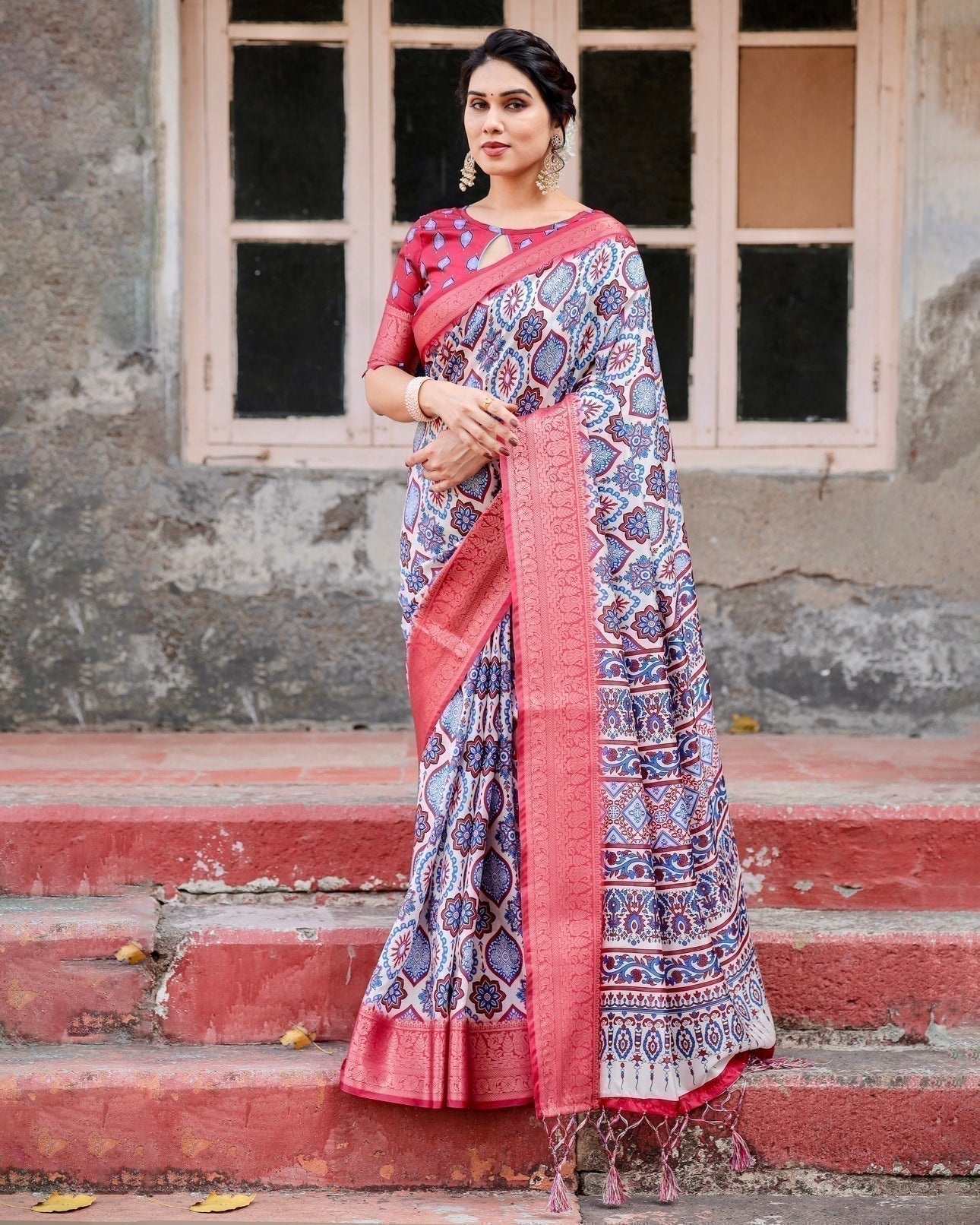 White and Red Tussar Silk Saree with Vibrant Floral Geometric Motifs and Ornamental Zari Border DIGITAL PRINT