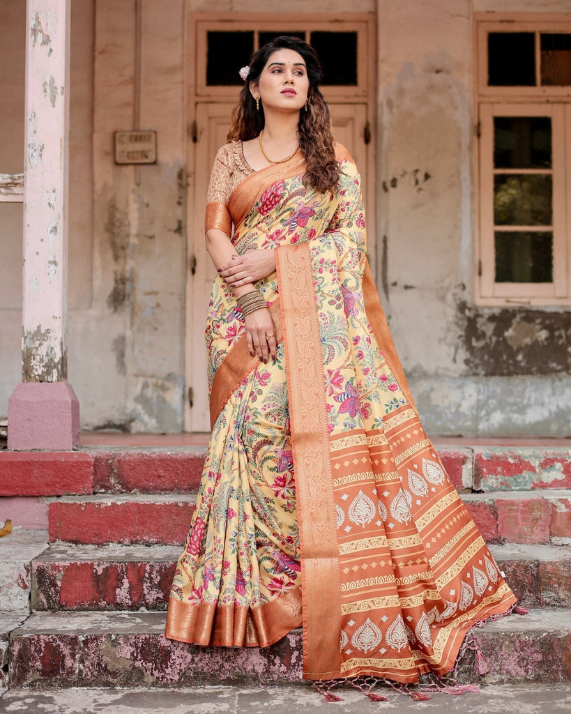 Golden Beige Tussar Silk Saree with Floral Paradise Print and Ornate Zari Border DIGITAL PRINT