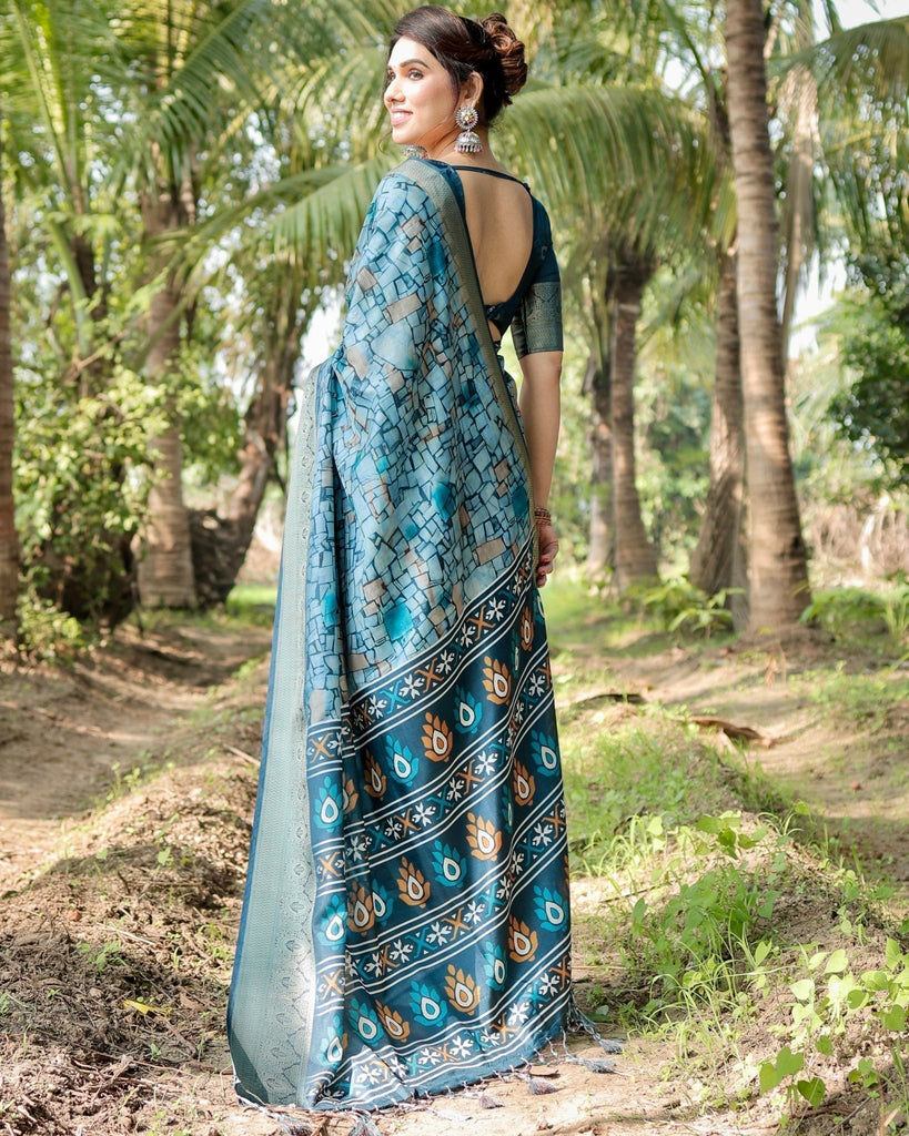 Mesmerizing Blue Tussar Silk Saree with Golden Zari Border and Mosaic-Inspired Pallu Design DIGITAL PRINT