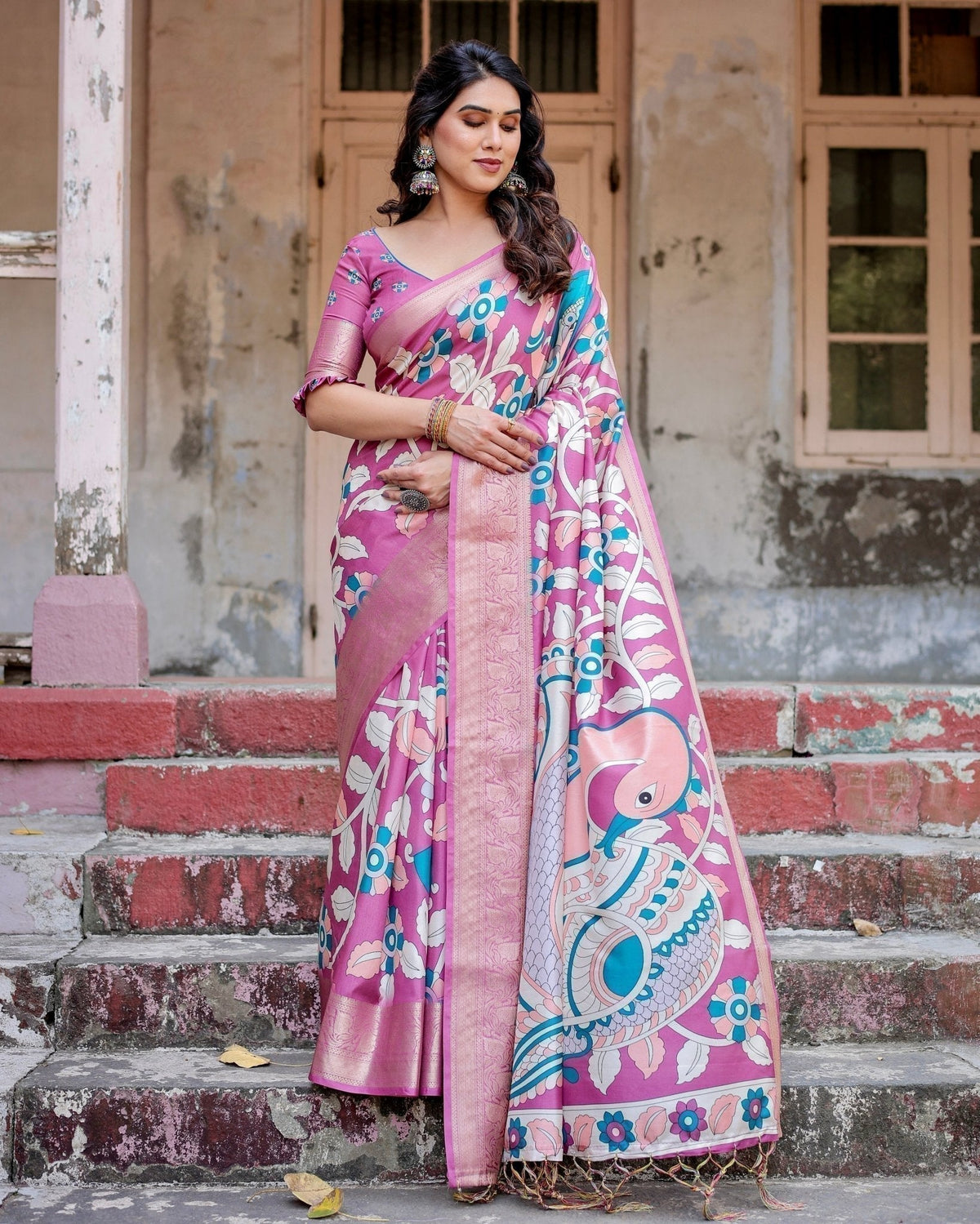 Blush Pink Tussar Silk Saree with Elegant Peacock and Floral Kalamkari Design DIGITAL PRINT Main image
