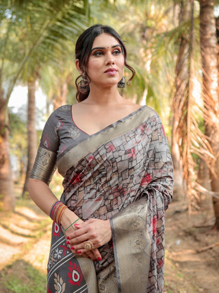 Stunning Grey Tussar Silk Saree with Golden Zari Border and Mosaic-Inspired Pallu Design DIGITAL PRINT