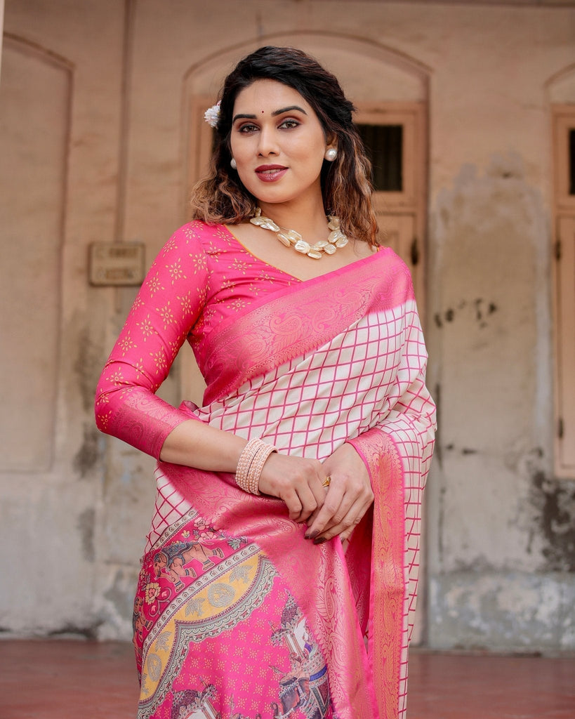 Pink and Ivory Tussar Silk Saree with Golden Zari Border and Majestic Elephant Motif Pallu DIGITAL PRINT