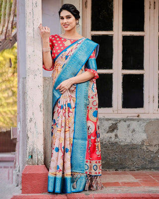 Beige and Red Tussar Silk Saree with Divine Motifs and Floral Zari Border DIGITAL PRINT