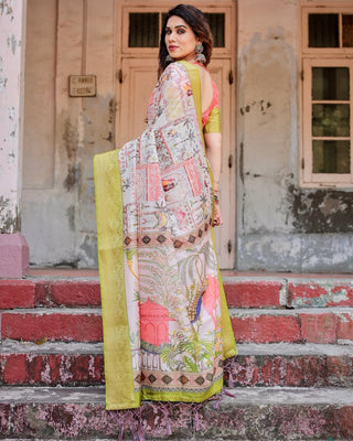 Pastel Tussar Silk Saree with Lime Green Zari Border and Hand-Painted Heritage Designs DIGITAL PRINT